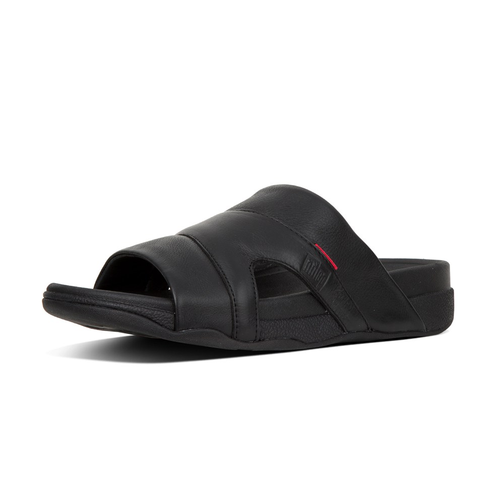 Fitflop Mens Slides - Freeway Leather Pool - Black - 213-QFZWKI